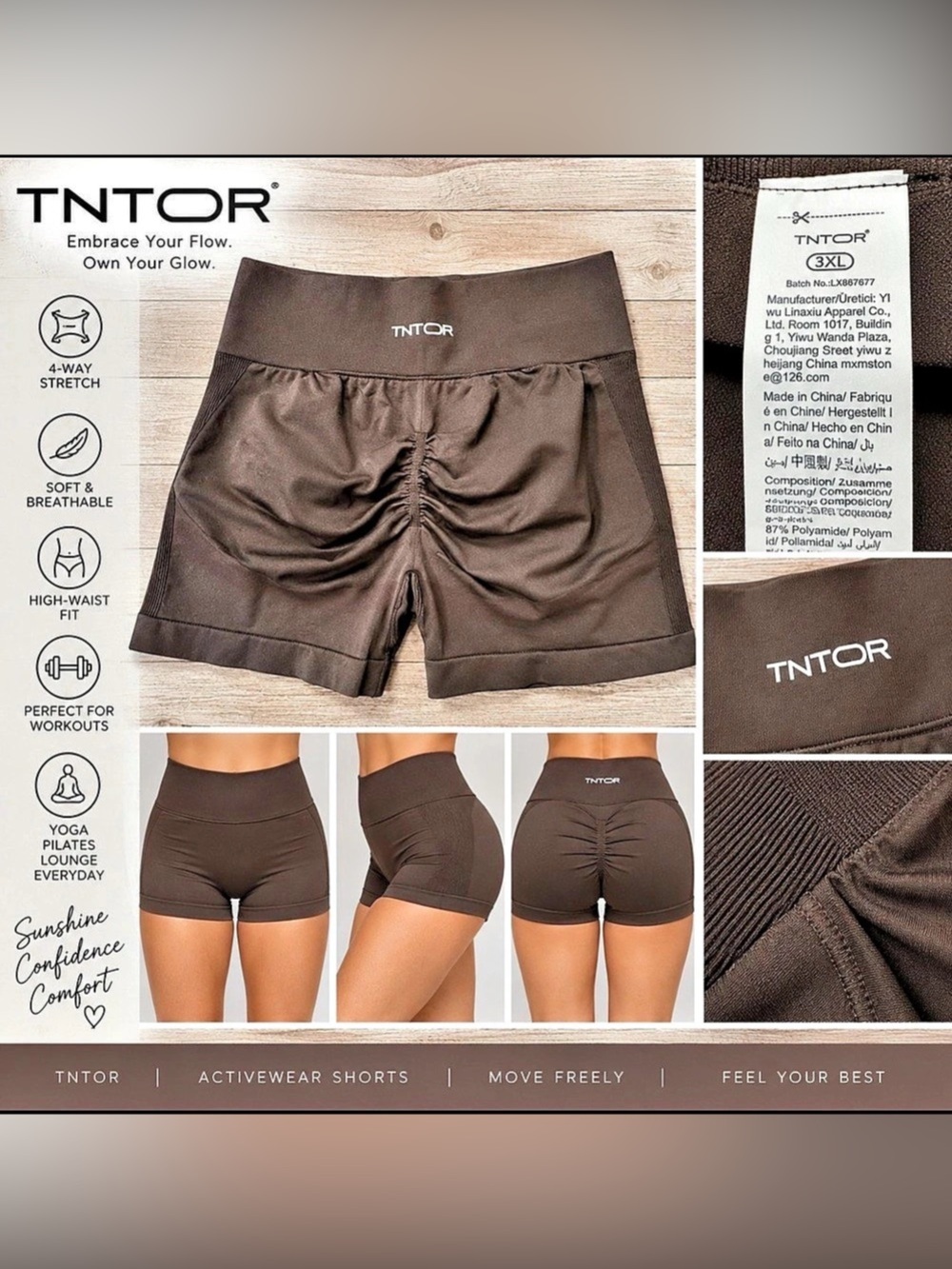TNTOR Brown High-Waisted Scrunch Workout Shorts – 3XL – New